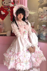 White/Pink Sleeveless Flower Wall Print Ruffle Bowknot Lace Sweet Lolita Jsk Dress